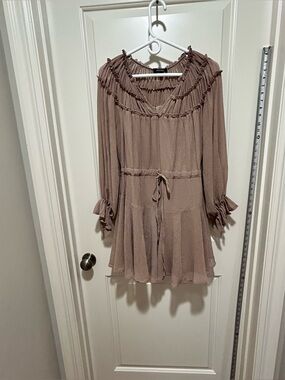 VICI Women’s size XS Ruffle-Trim Long Sleeve Midi Dress in Taupe. Sheer sleeves